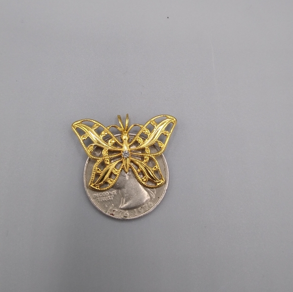 Butterfly Necklace Pendant Vtg Filigree Rhinestone - Picture 9 of 10